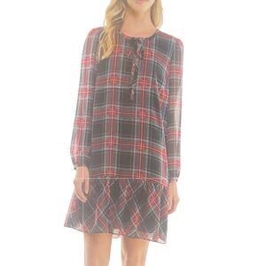 NWT Draper James Tie Neck Flounce Shift Dress in Plaid Print